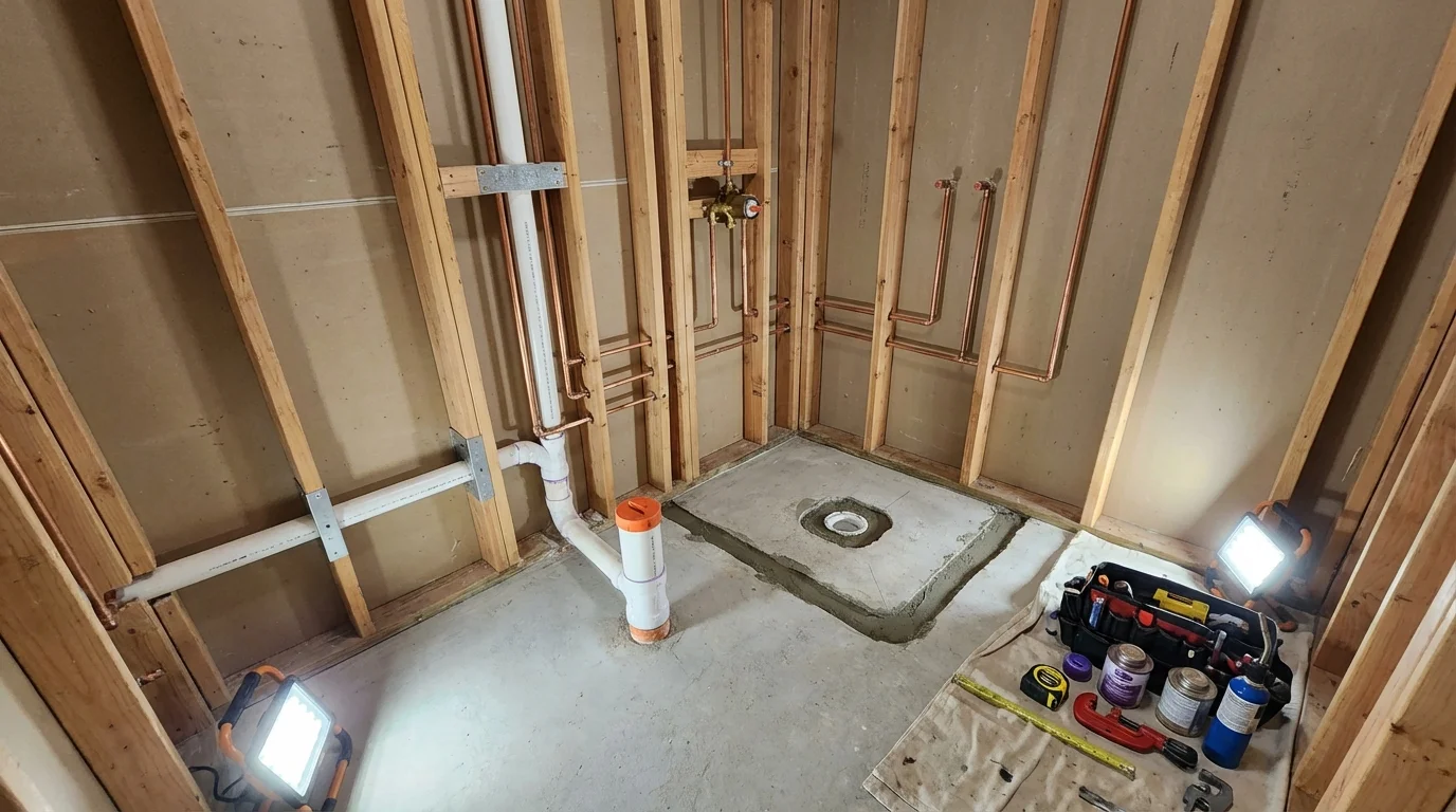 Bathroom rough-in plumbing during remodel by Johns Plumbing LLC in Crystal City