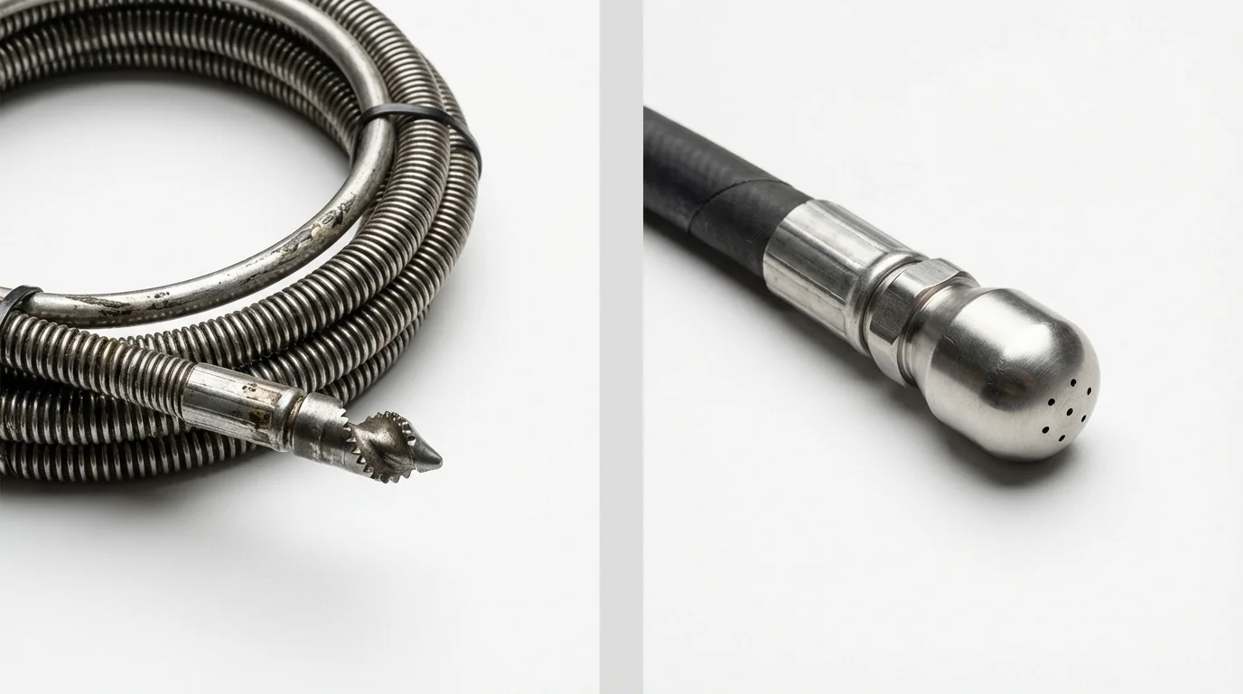 Drain snake cable and hydro jetting nozzle used for drain cleaning in Crystal City, TX