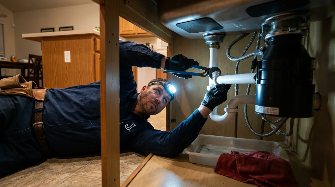 P-trap and supply line connections under a kitchen sink showing a common leak point in Crystal City, TX